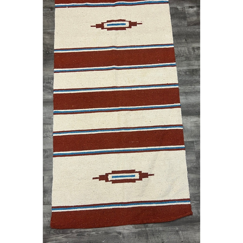 VTG Southwestern Handwoven Wool Rug Runner Rust Blue Geometric Striped 30x60